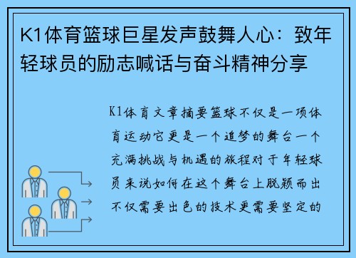 K1体育篮球巨星发声鼓舞人心：致年轻球员的励志喊话与奋斗精神分享