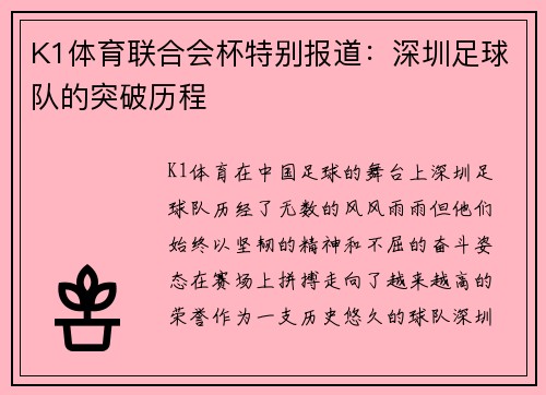 K1体育联合会杯特别报道：深圳足球队的突破历程