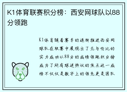 K1体育联赛积分榜：西安网球队以88分领跑