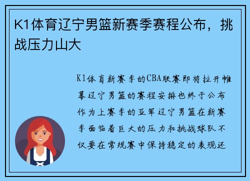 K1体育辽宁男篮新赛季赛程公布，挑战压力山大
