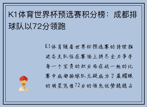 K1体育世界杯预选赛积分榜：成都排球队以72分领跑