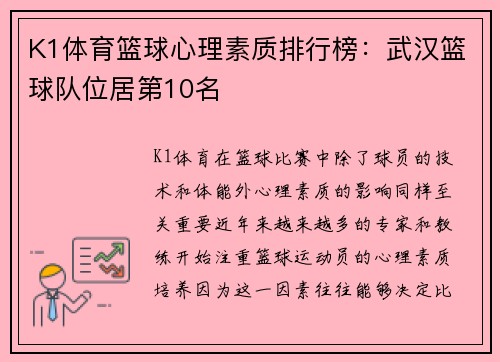 K1体育篮球心理素质排行榜：武汉篮球队位居第10名